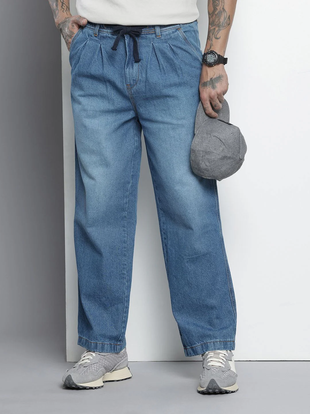 Men's Blue Relaxed Fit Solid Utility Jeans
