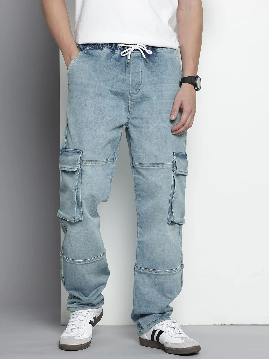 Men's Light Blue Regular Fit Solid Utility Jeans