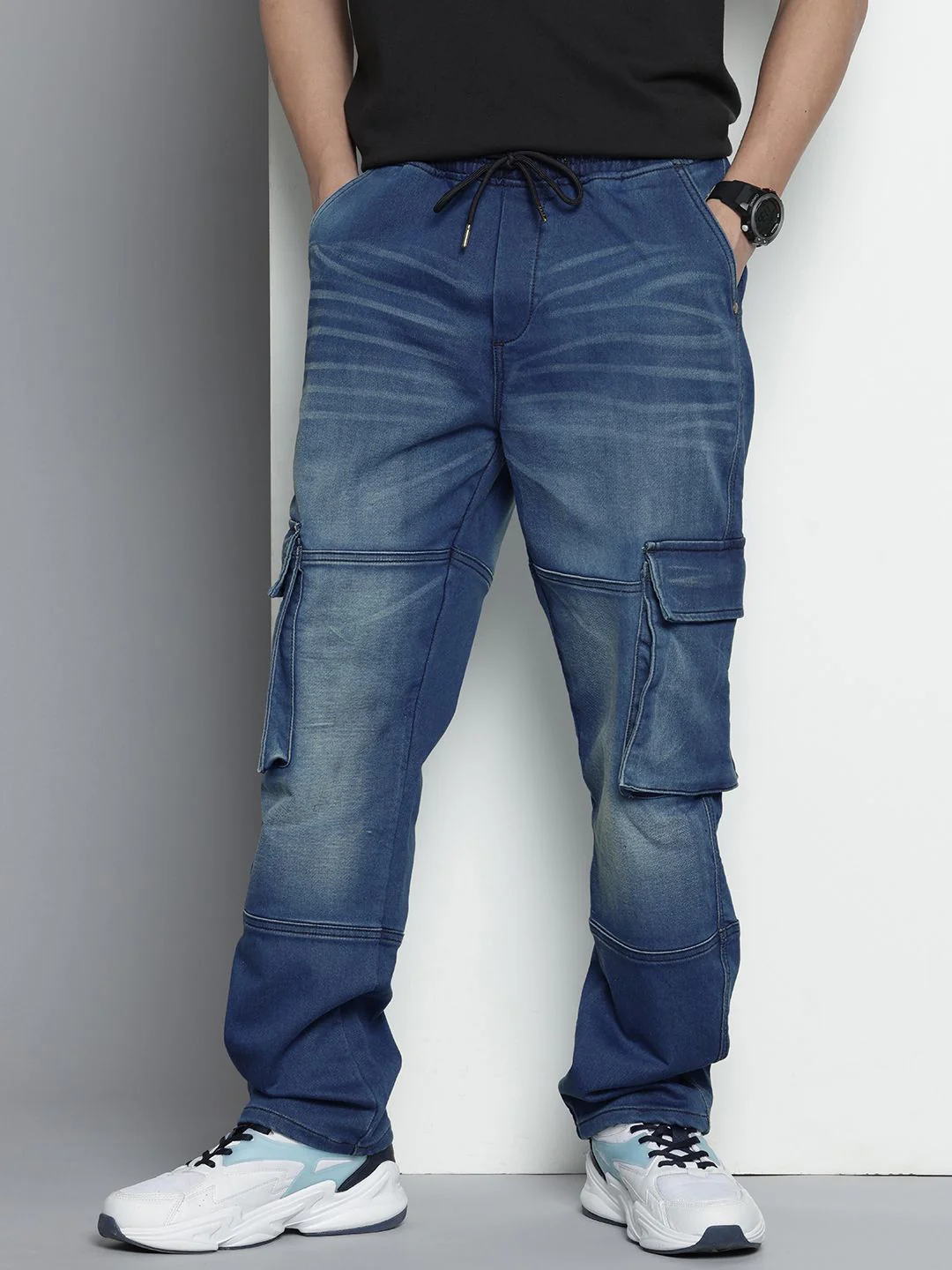 Men's Blue Regular Fit Solid Utility Jeans