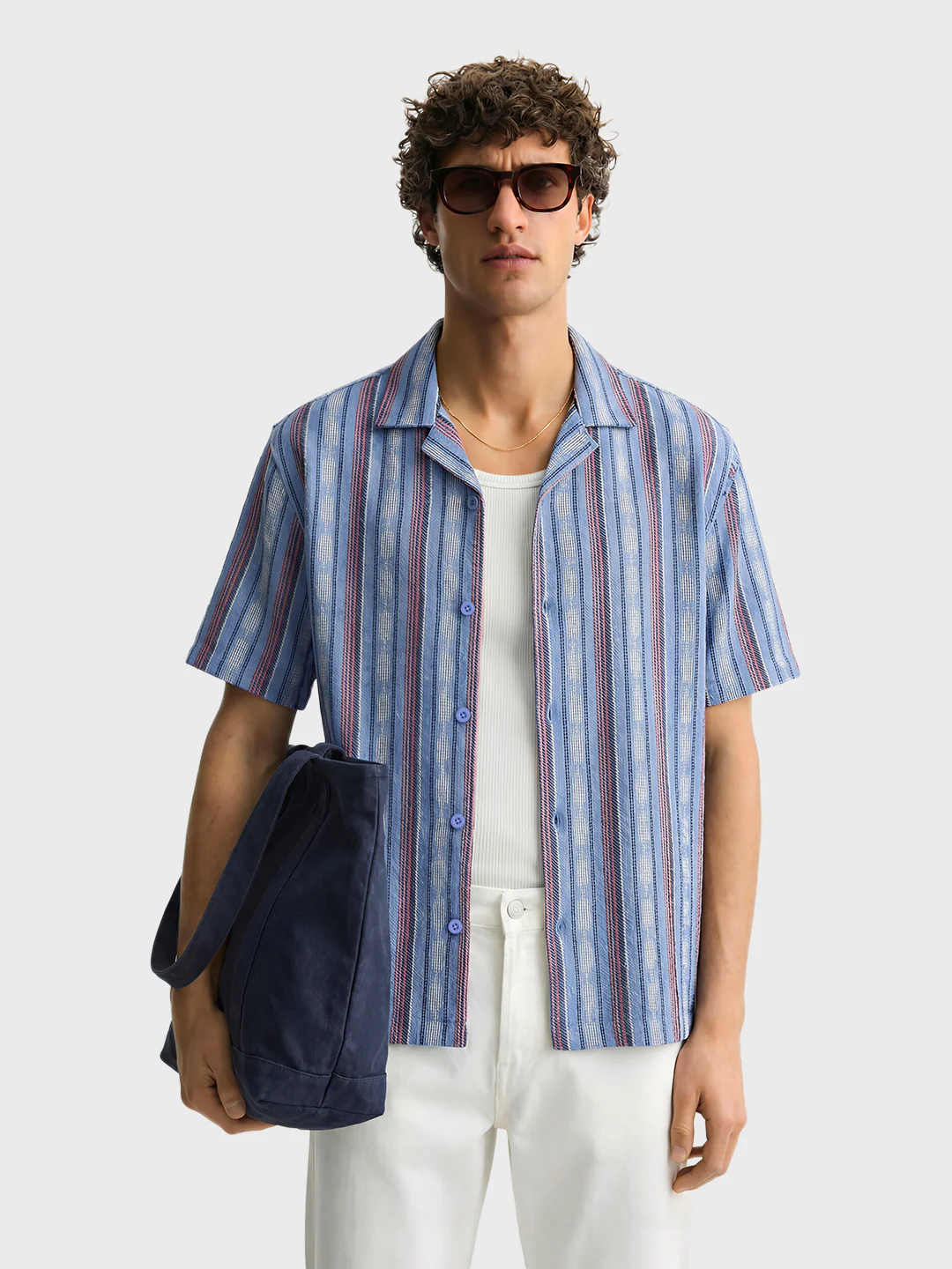 Men's Blue Relaxed Fit Striped Resort Wear Shirt