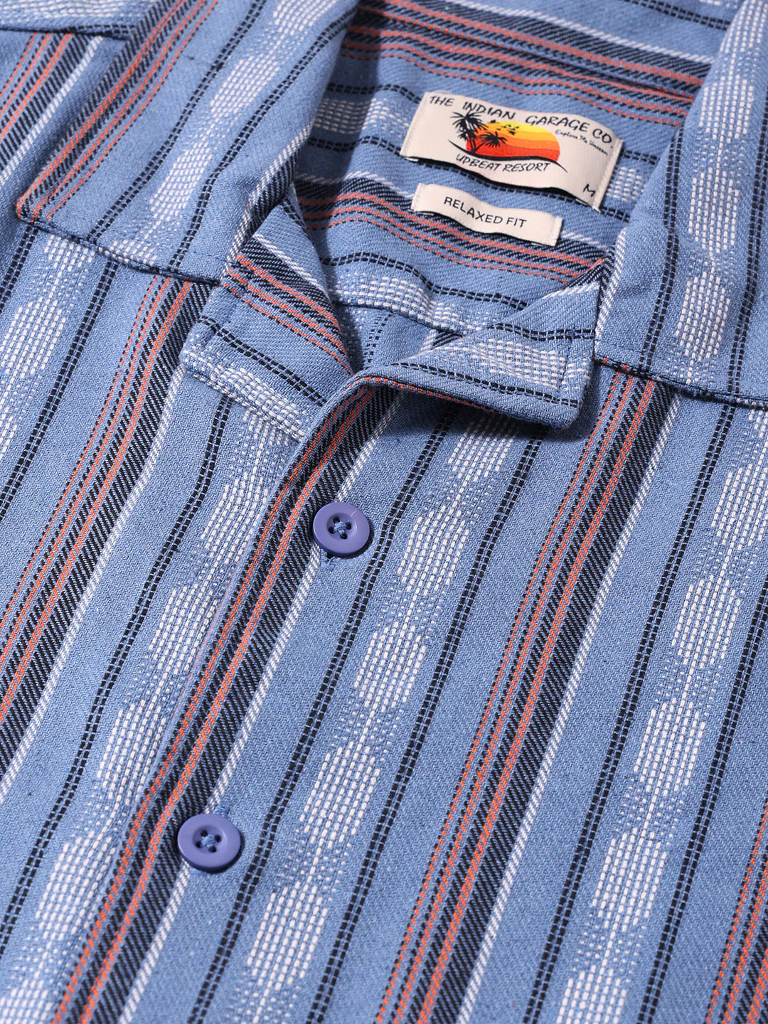 Men's Blue Relaxed Fit Striped Resort Wear Shirt - Image 3