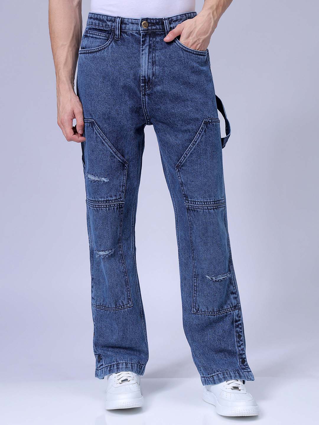 Men's Blue Relaxed Fit Patched Casual Jeans