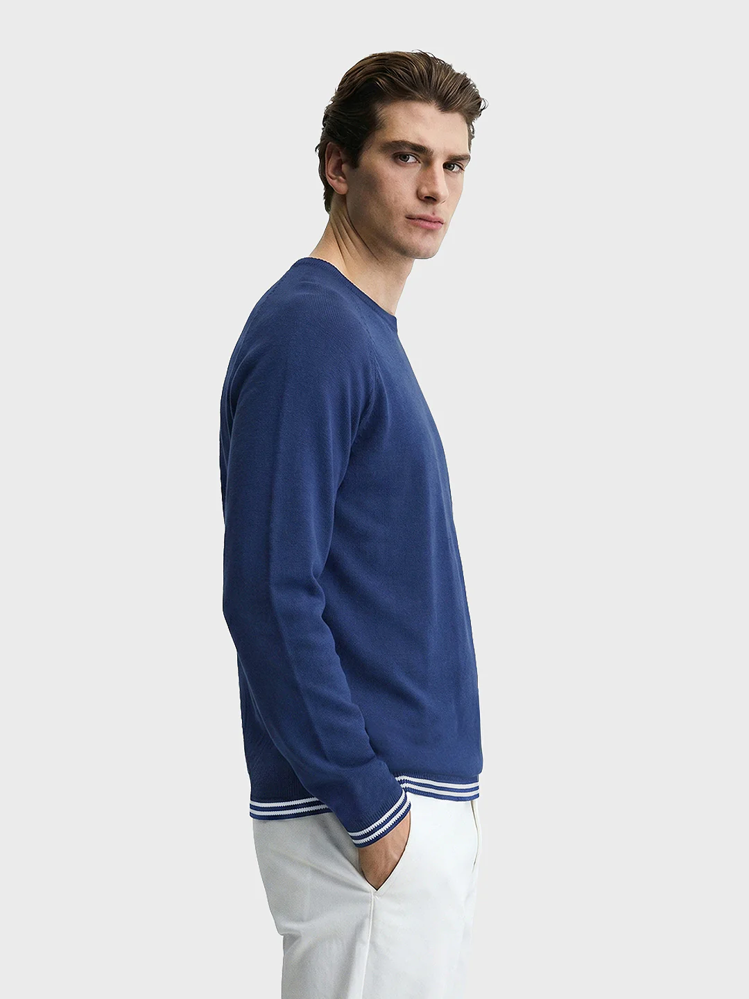 Men's Navy Blue Slim Fit Solid Flat Knit T-Shirt - Image 4