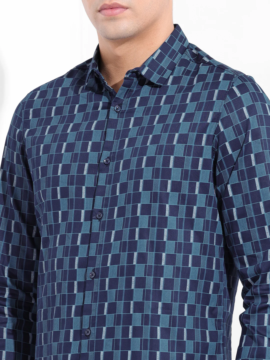 Men's Navy Blue Slim Fit Party Wear Shirt - Image 3