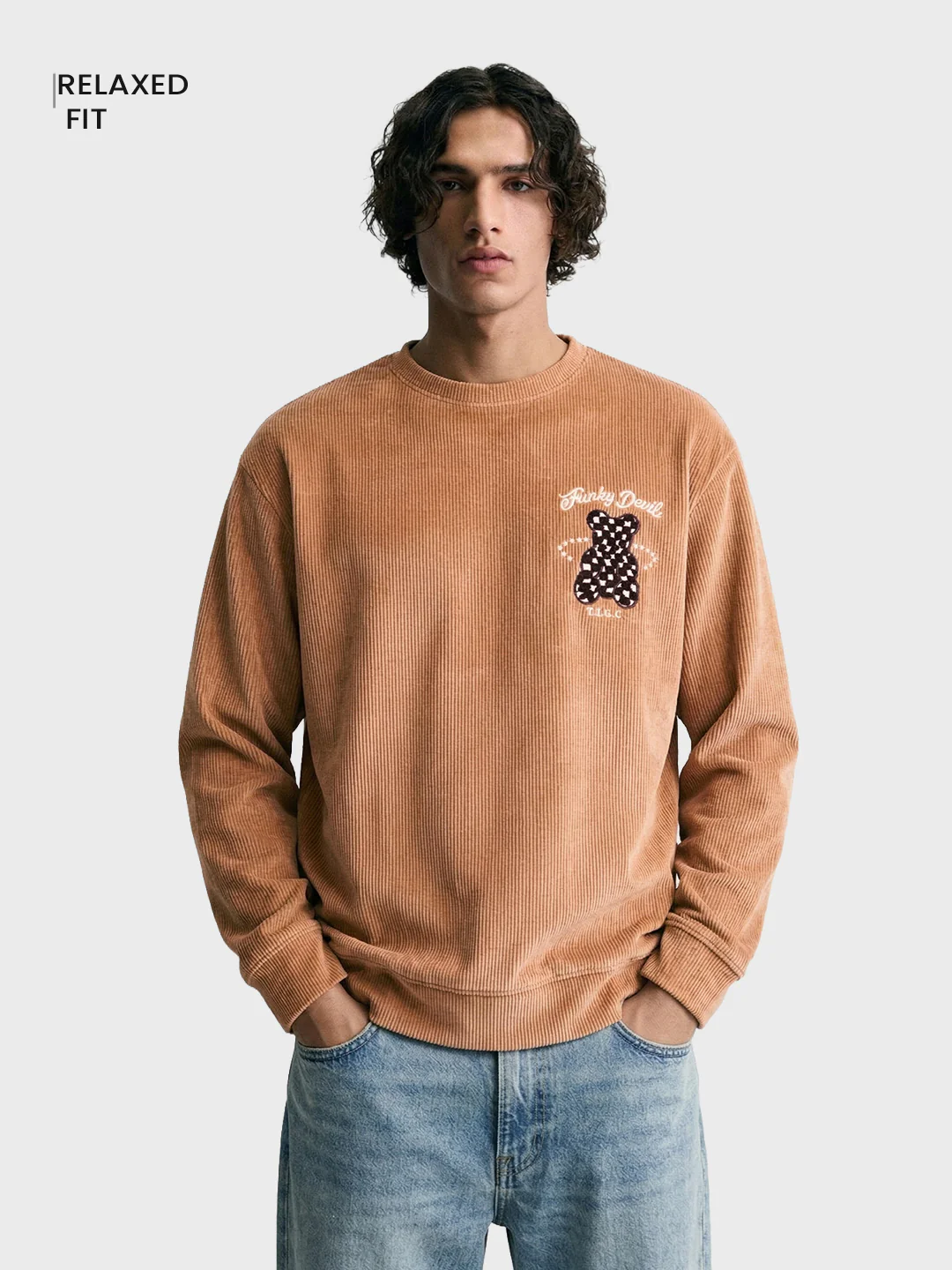 Men's Taupe Oversized Fit Embroidered Casual Sweatshirt