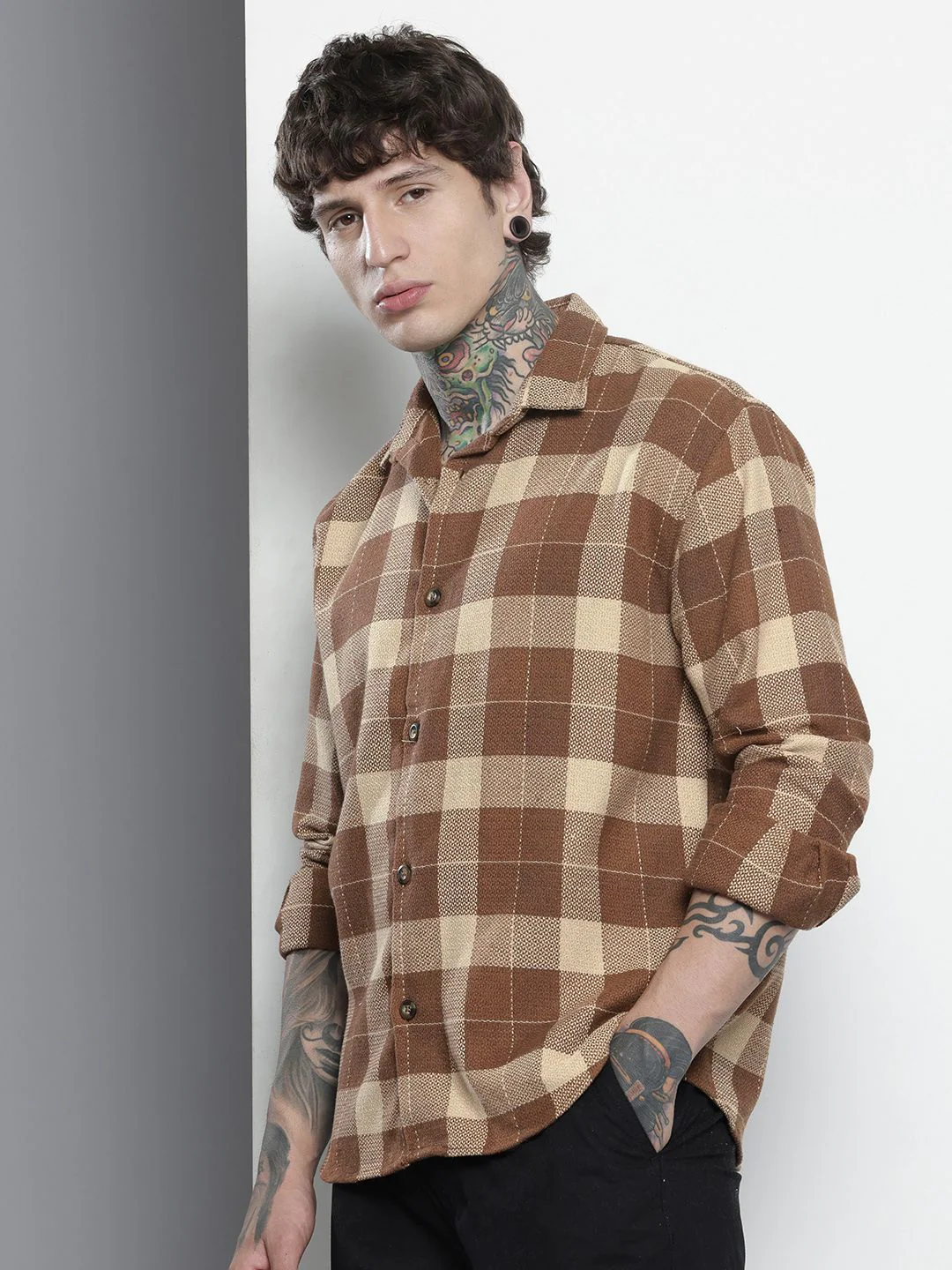 Men's Mocha Bisque Relaxed Fit Checkered Textured Shirt - Image 3