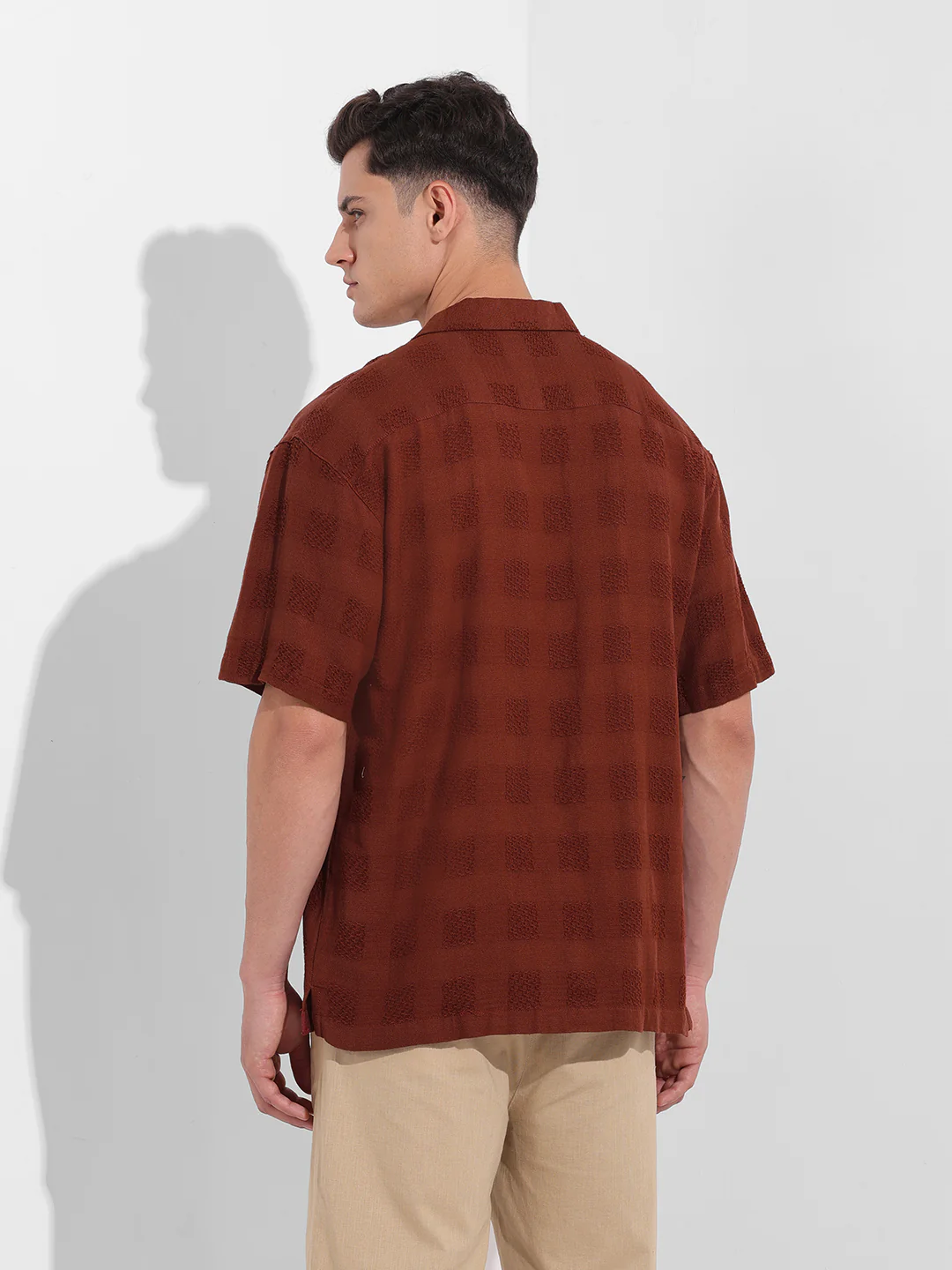 Men's Camel Relaxed Fit Textured Resort Shirt - Image 5