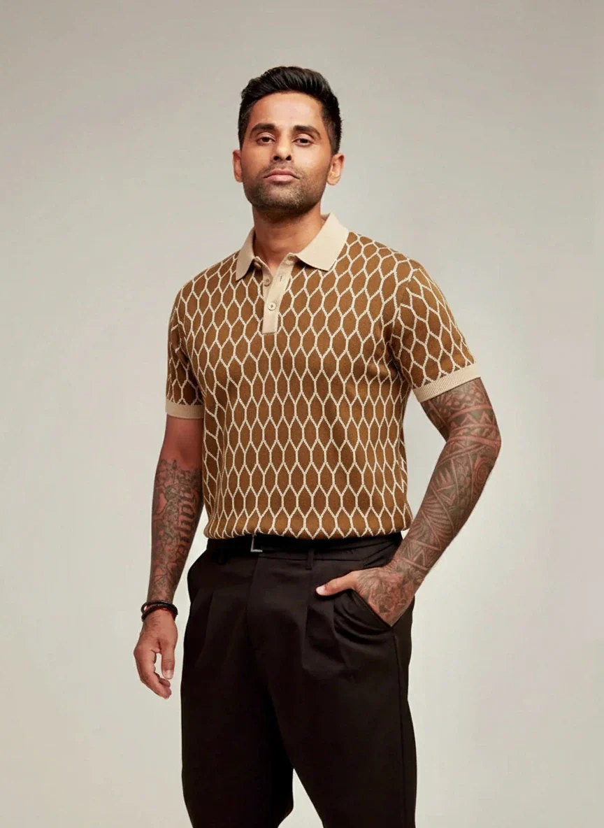 Men's Brown Slim Fit Textured Flat Knit Polo T-Shirt - Image 2