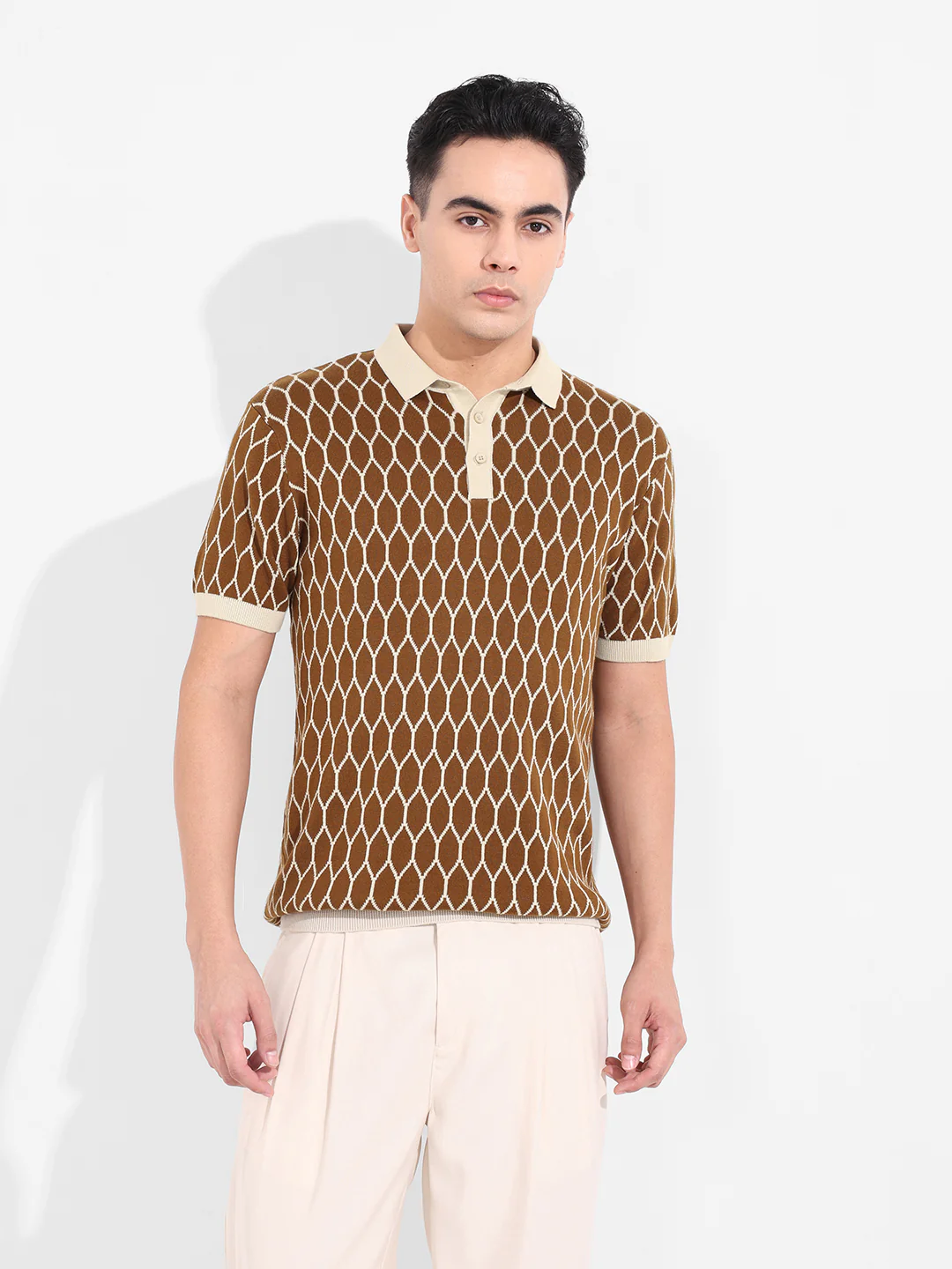 Men's Brown Slim Fit Textured Flat Knit Polo T-Shirt - Image 4