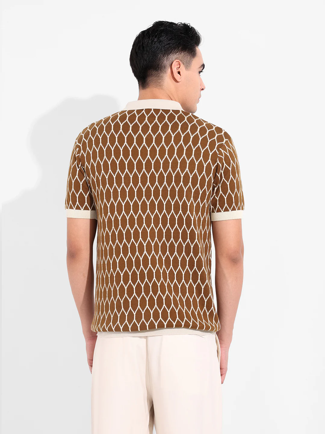 Men's Brown Slim Fit Textured Flat Knit Polo T-Shirt - Image 7