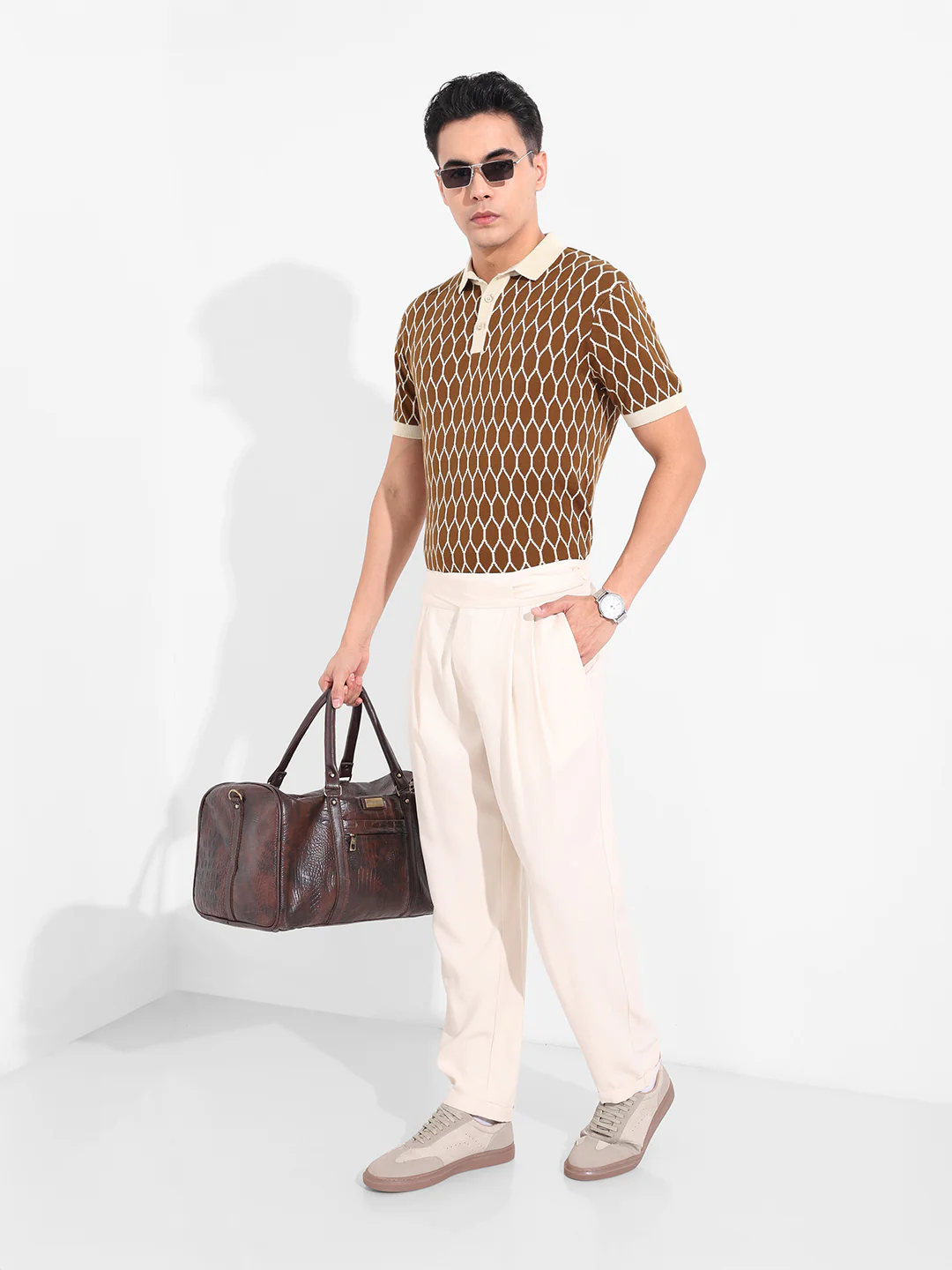 Men's Brown Slim Fit Textured Flat Knit Polo T-Shirt - Image 8
