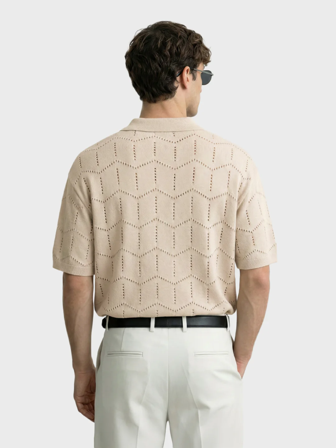 Men's Cream Oversized Fit Textured Flat Knit Polo T-Shirt - Image 3