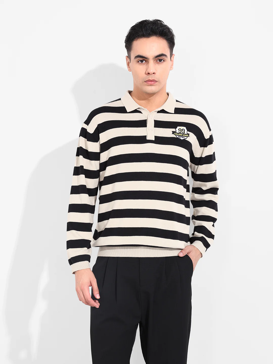 Men's Cream Oversized Fit Striped Flat Knit Polo T-Shirt - Image 2
