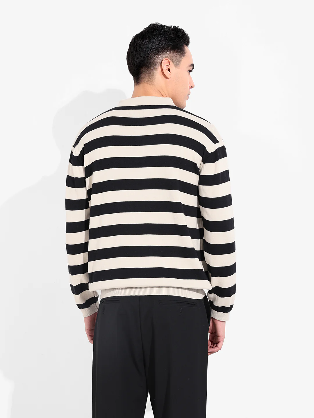 Men's Cream Oversized Fit Striped Flat Knit Polo T-Shirt - Image 5