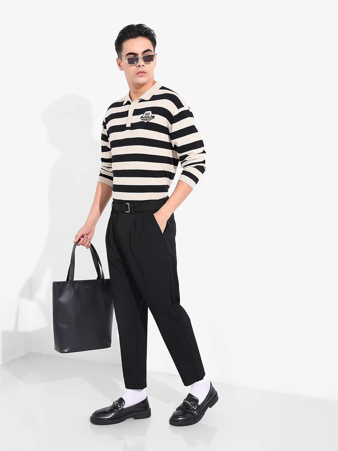 Men's Cream Oversized Fit Striped Flat Knit Polo T-Shirt - Image 6