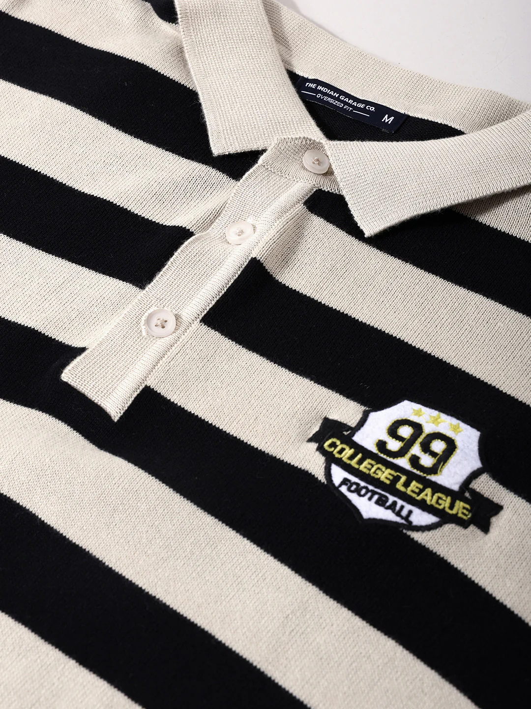 Men's Cream Oversized Fit Striped Flat Knit Polo T-Shirt - Image 7