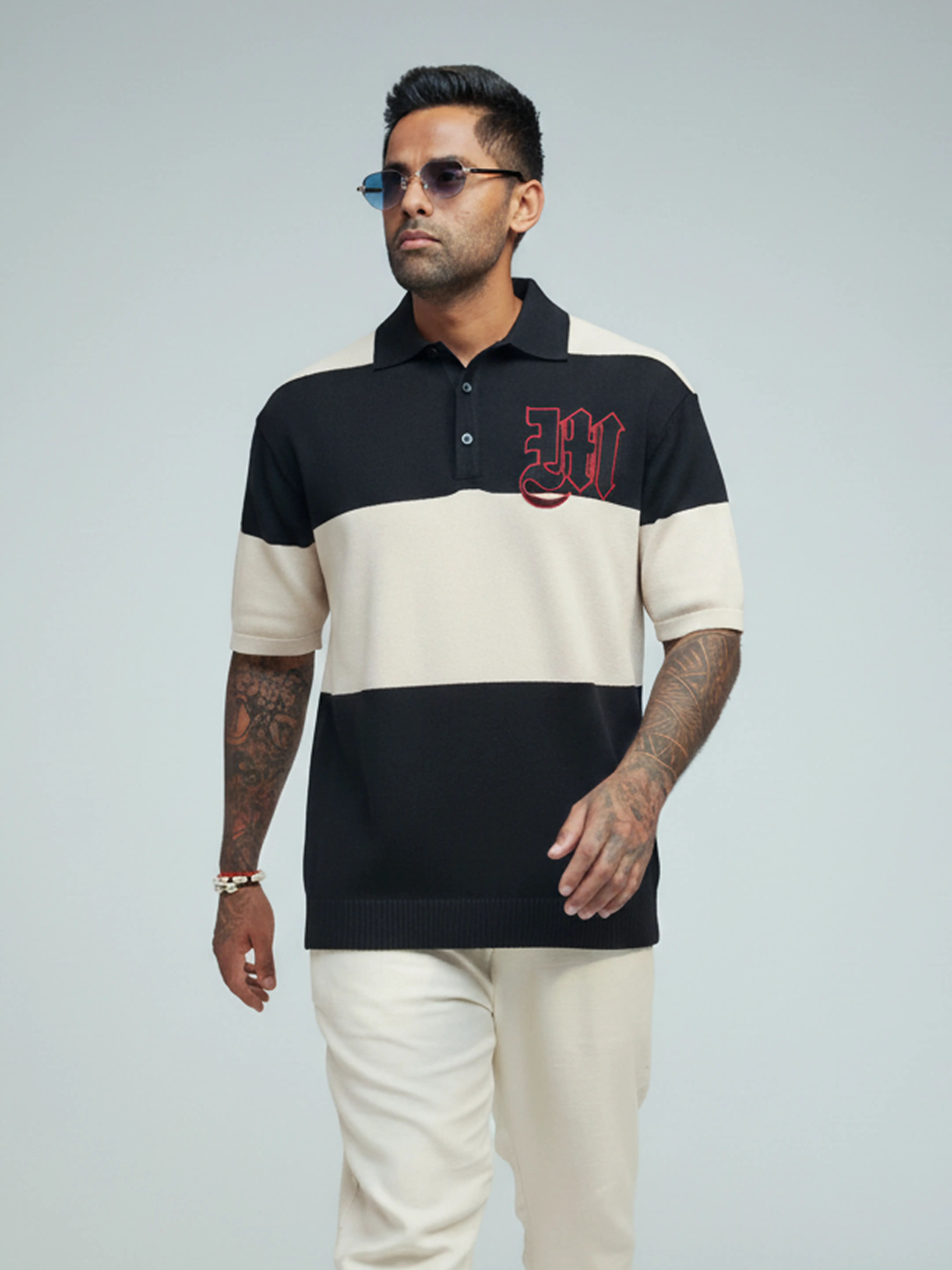 Men's Cream Oversized Fit Textured Flat Knit Polo T-Shirt - Image 2