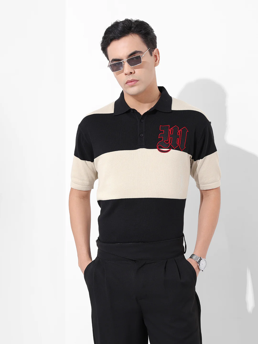 Men's Cream Oversized Fit Textured Flat Knit Polo T-Shirt - Image 4
