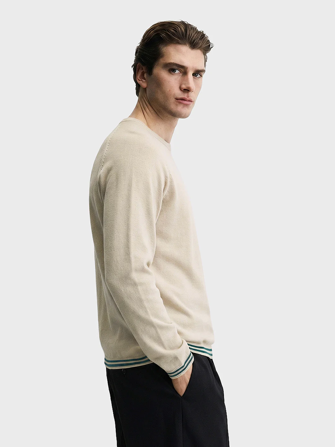 Men's Cream Slim Fit Textured Flat Knit T-Shirt - Image 4