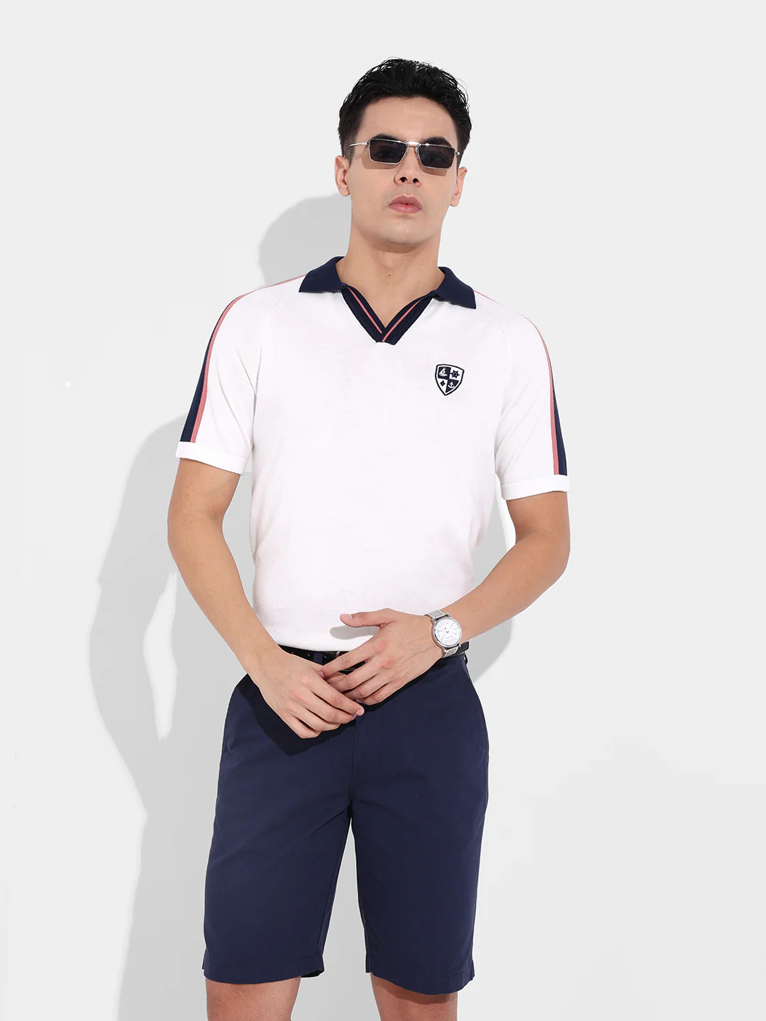 Men's Cream Slim Fit Textured Flat Knit Polo T-Shirt - Image 2