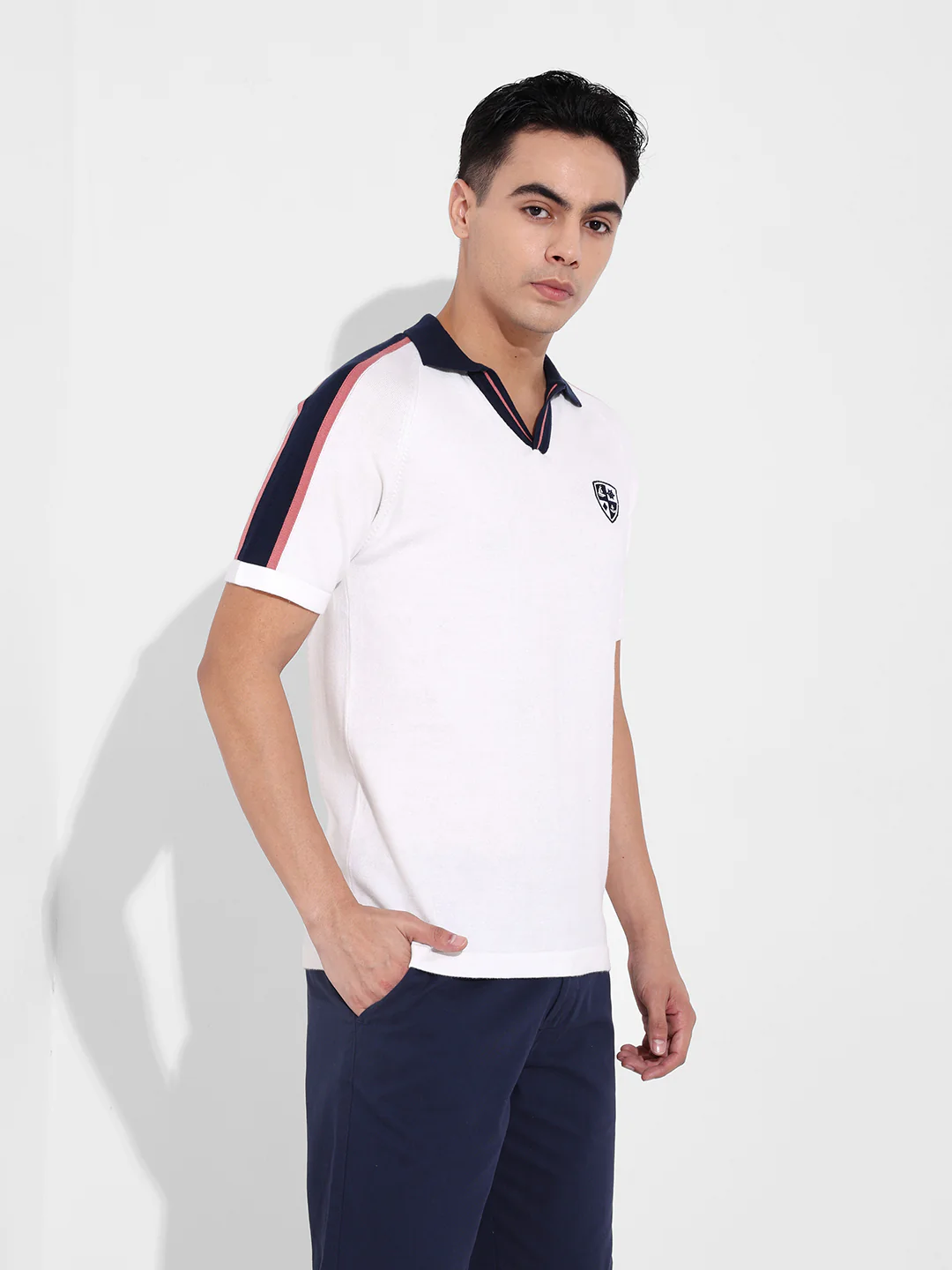 Men's Cream Slim Fit Textured Flat Knit Polo T-Shirt - Image 4