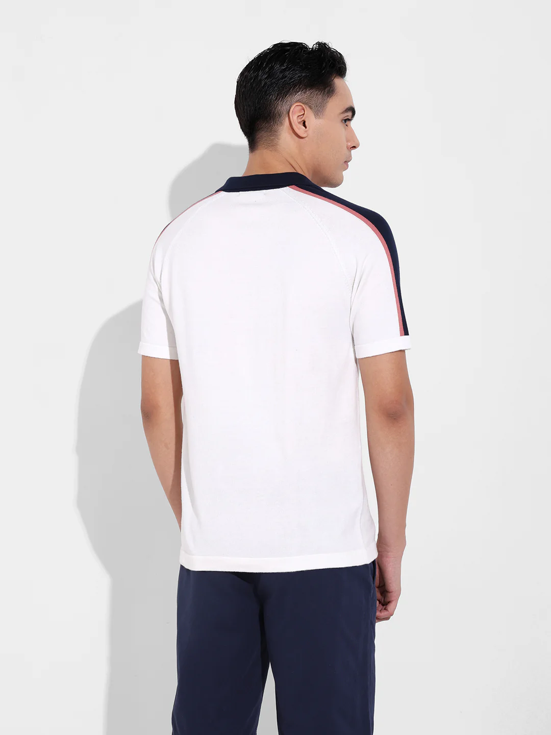 Men's Cream Slim Fit Textured Flat Knit Polo T-Shirt - Image 6