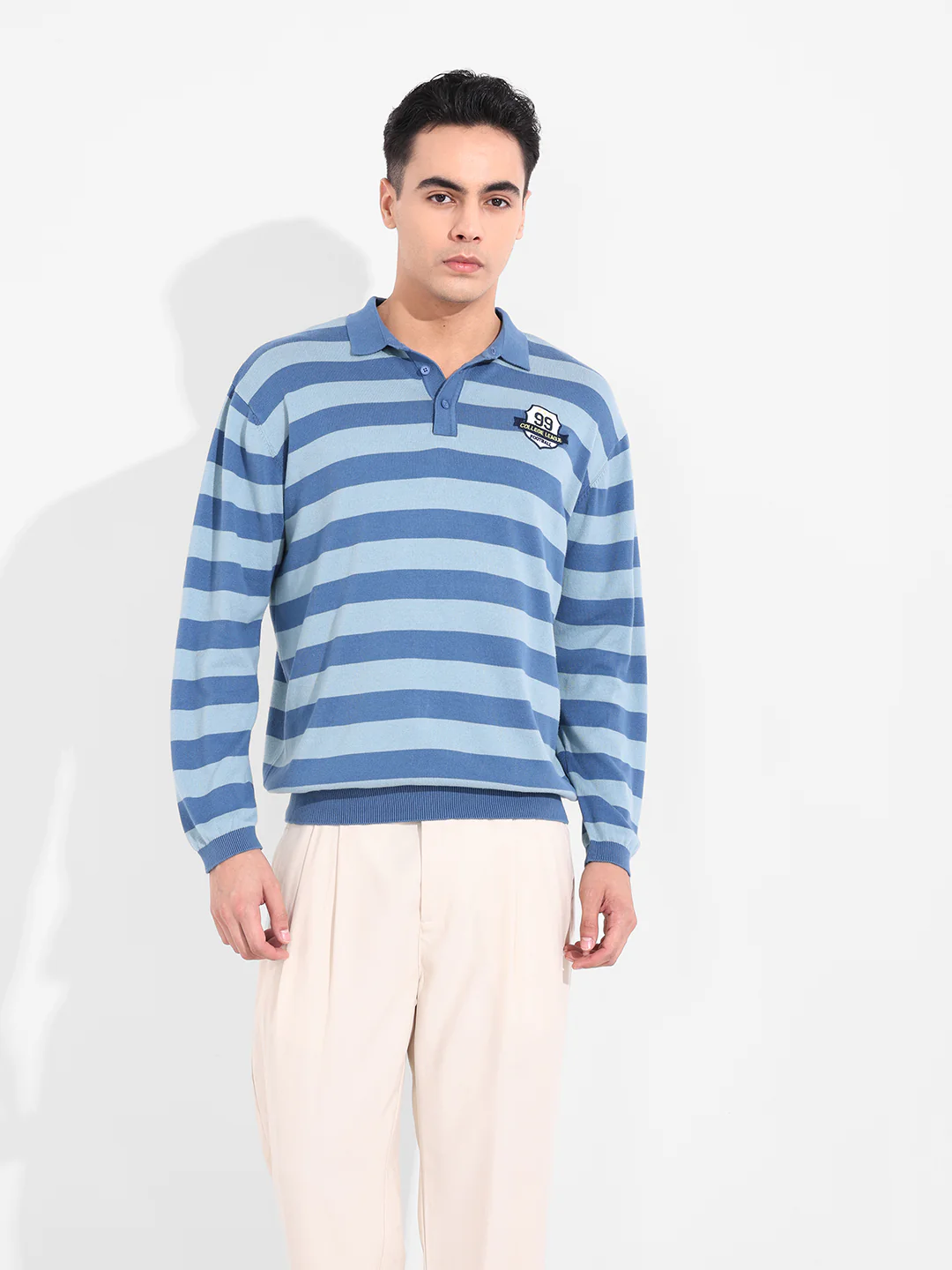 Men's Dark Blue Oversized Fit Striped Flat Knit Polo T-Shirt - Image 2