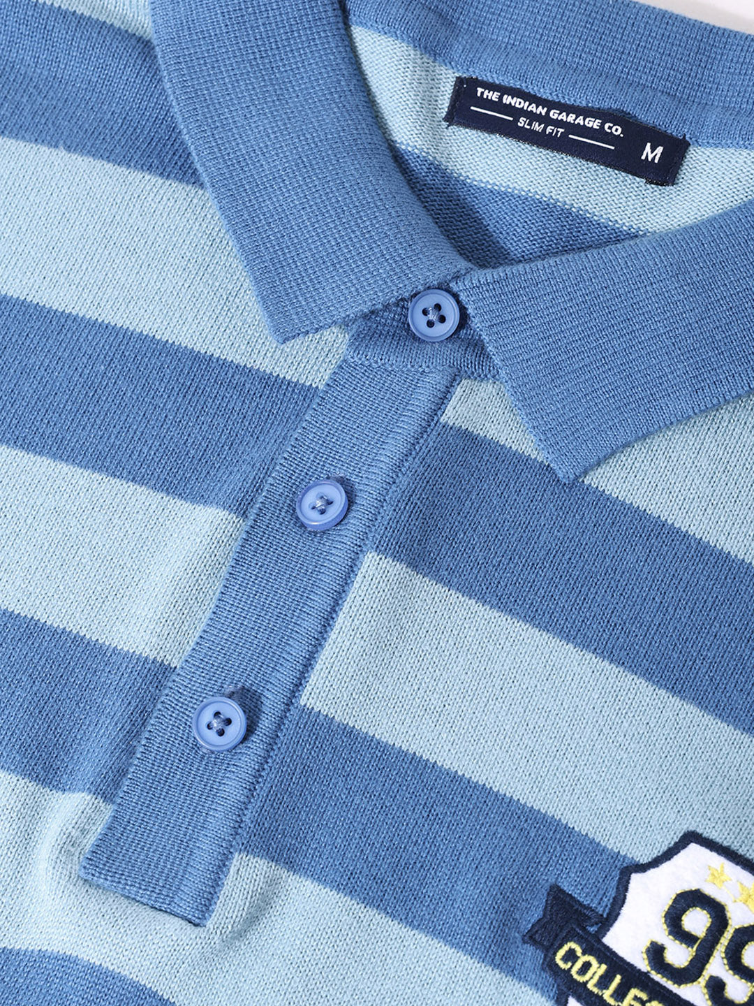 Men's Dark Blue Oversized Fit Striped Flat Knit Polo T-Shirt - Image 3