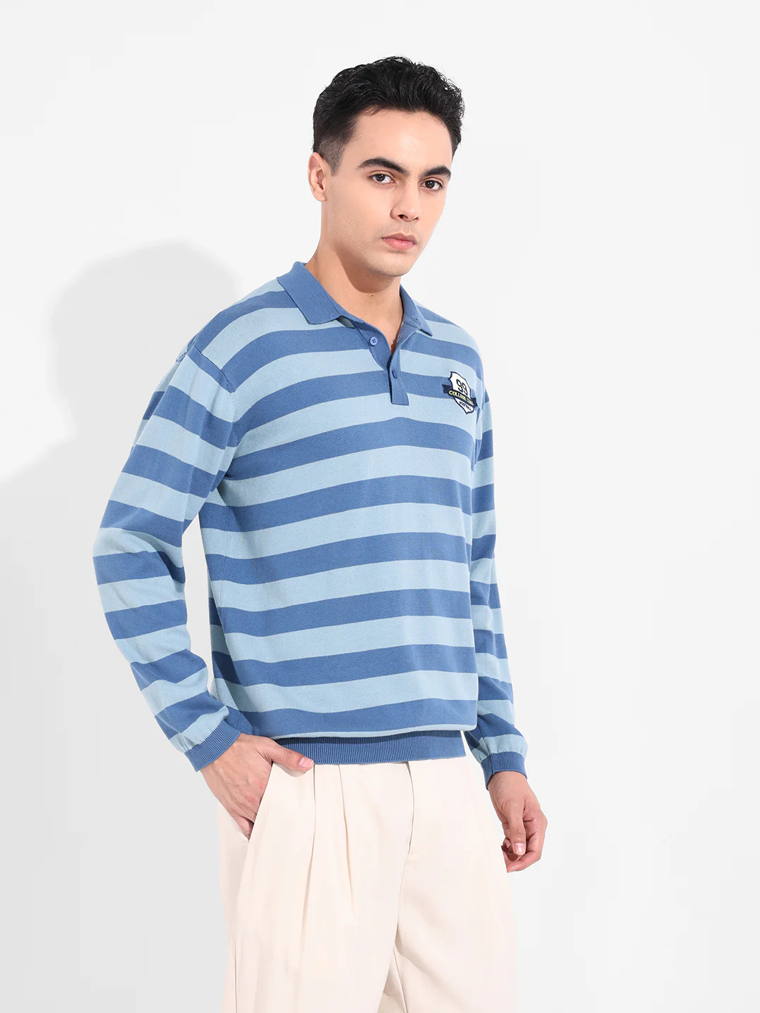 Men's Dark Blue Oversized Fit Striped Flat Knit Polo T-Shirt - Image 4