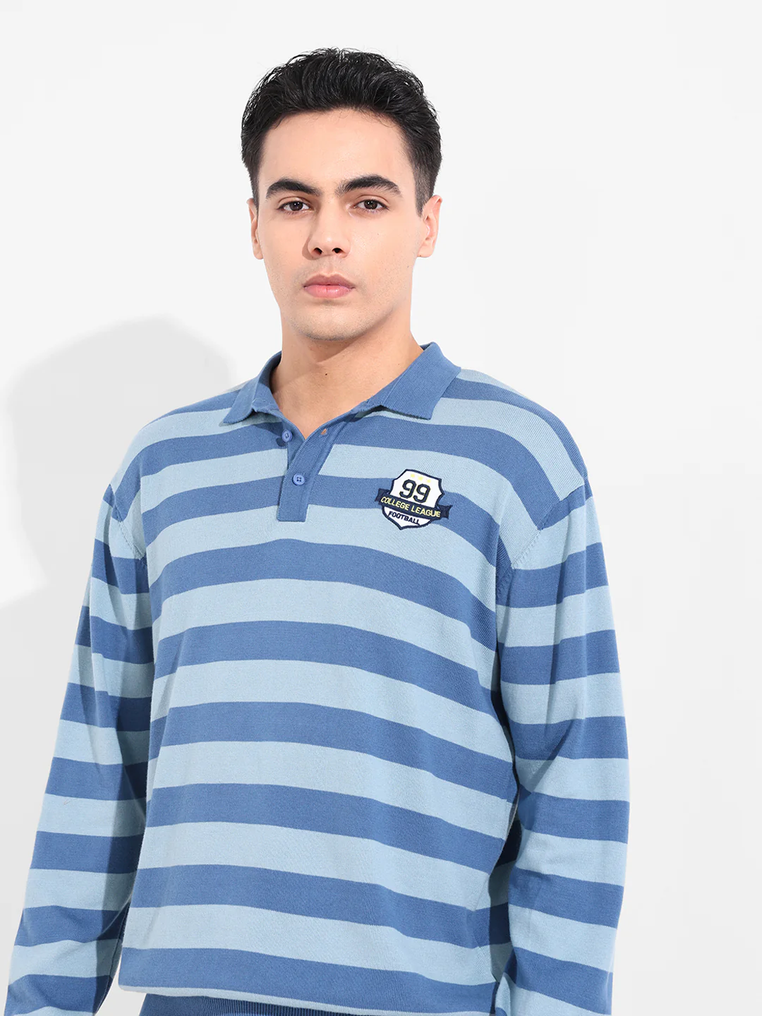 Men's Dark Blue Oversized Fit Striped Flat Knit Polo T-Shirt - Image 5
