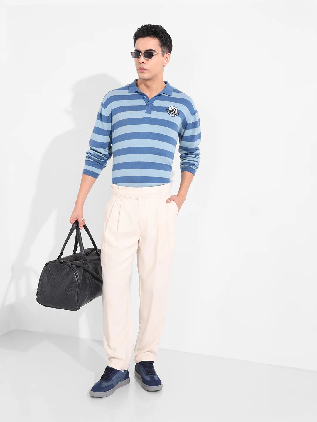 Men's Dark Blue Oversized Fit Striped Flat Knit Polo T-Shirt - Image 7