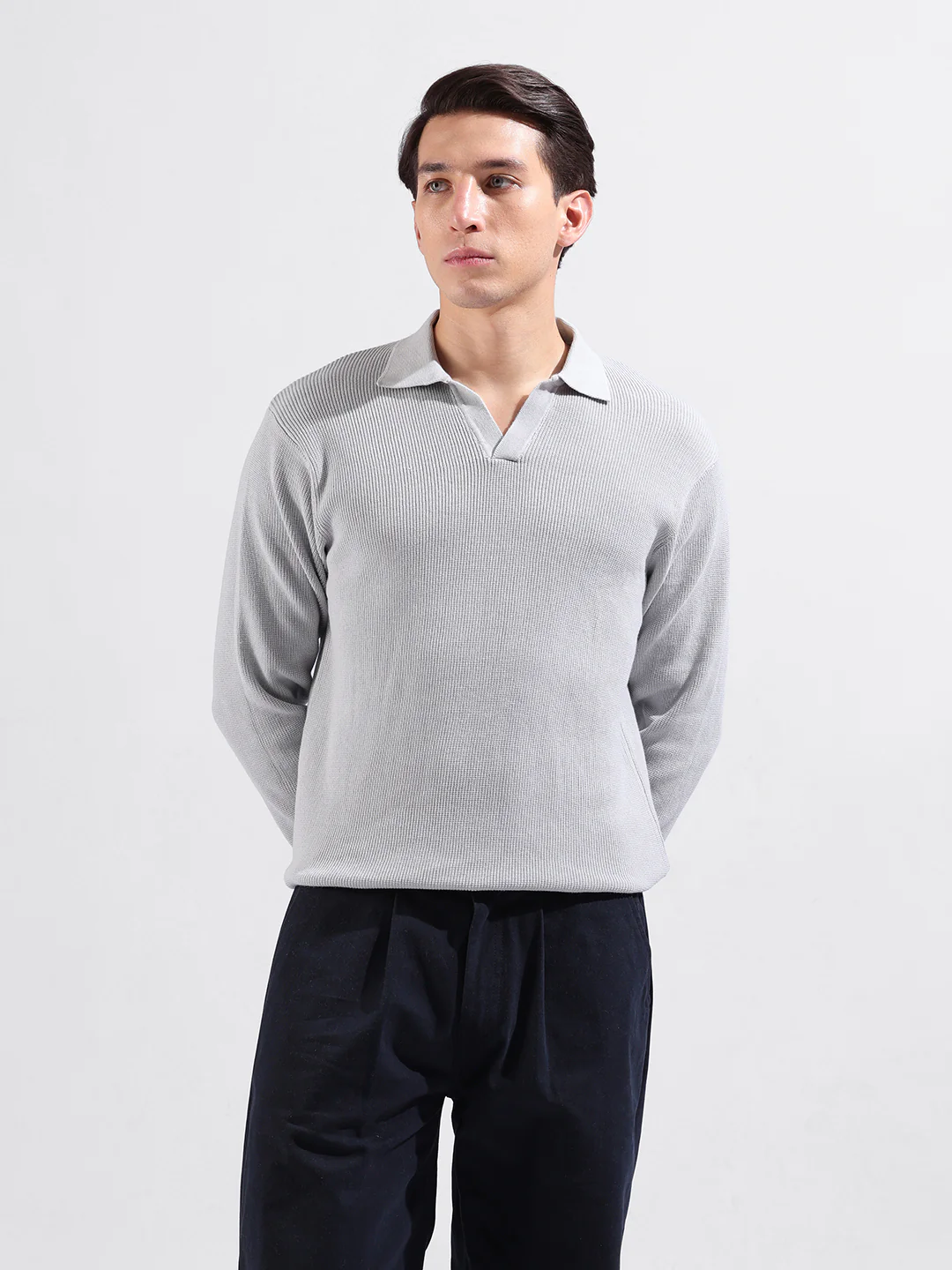 Men's Grey Slim Fit Striped Flat Knit Polo T-Shirt