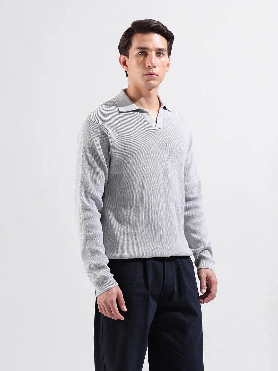 Men's Grey Slim Fit Striped Flat Knit Polo T-Shirt - Image 2