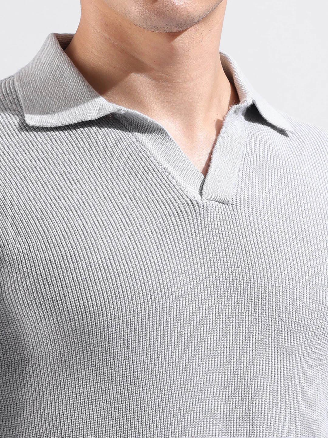 Men's Grey Slim Fit Striped Flat Knit Polo T-Shirt - Image 3