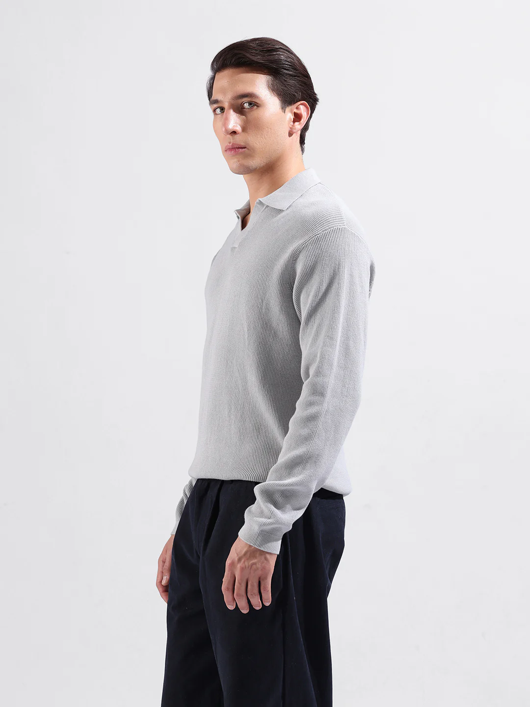 Men's Grey Slim Fit Striped Flat Knit Polo T-Shirt - Image 4