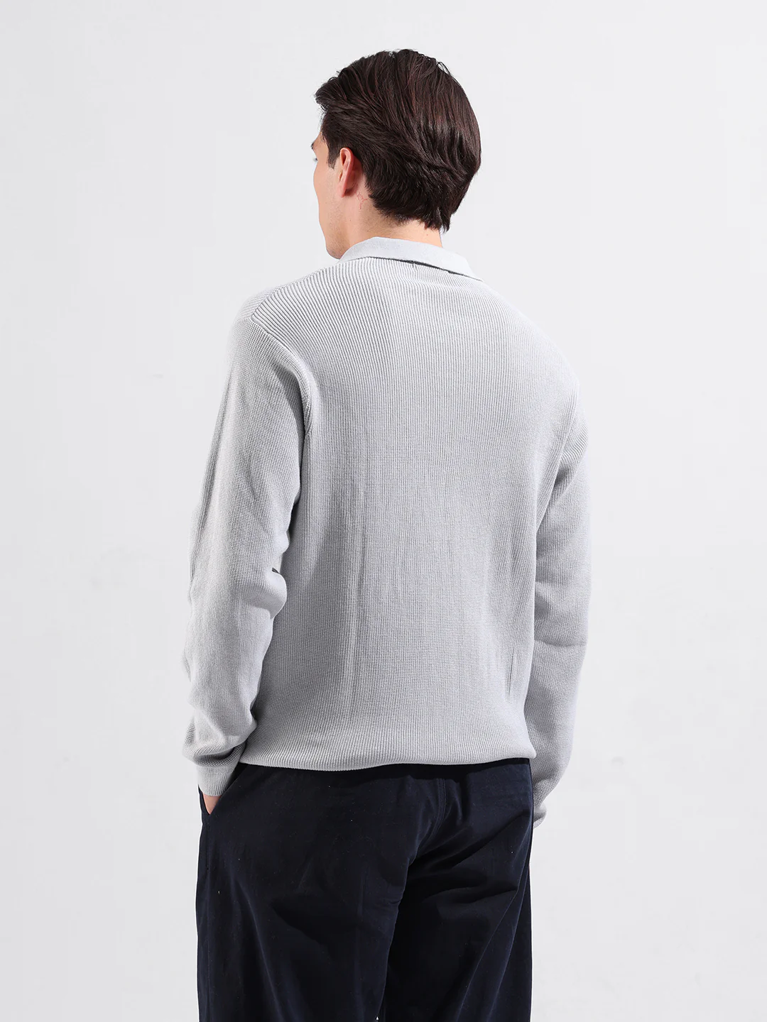 Men's Grey Slim Fit Striped Flat Knit Polo T-Shirt - Image 5