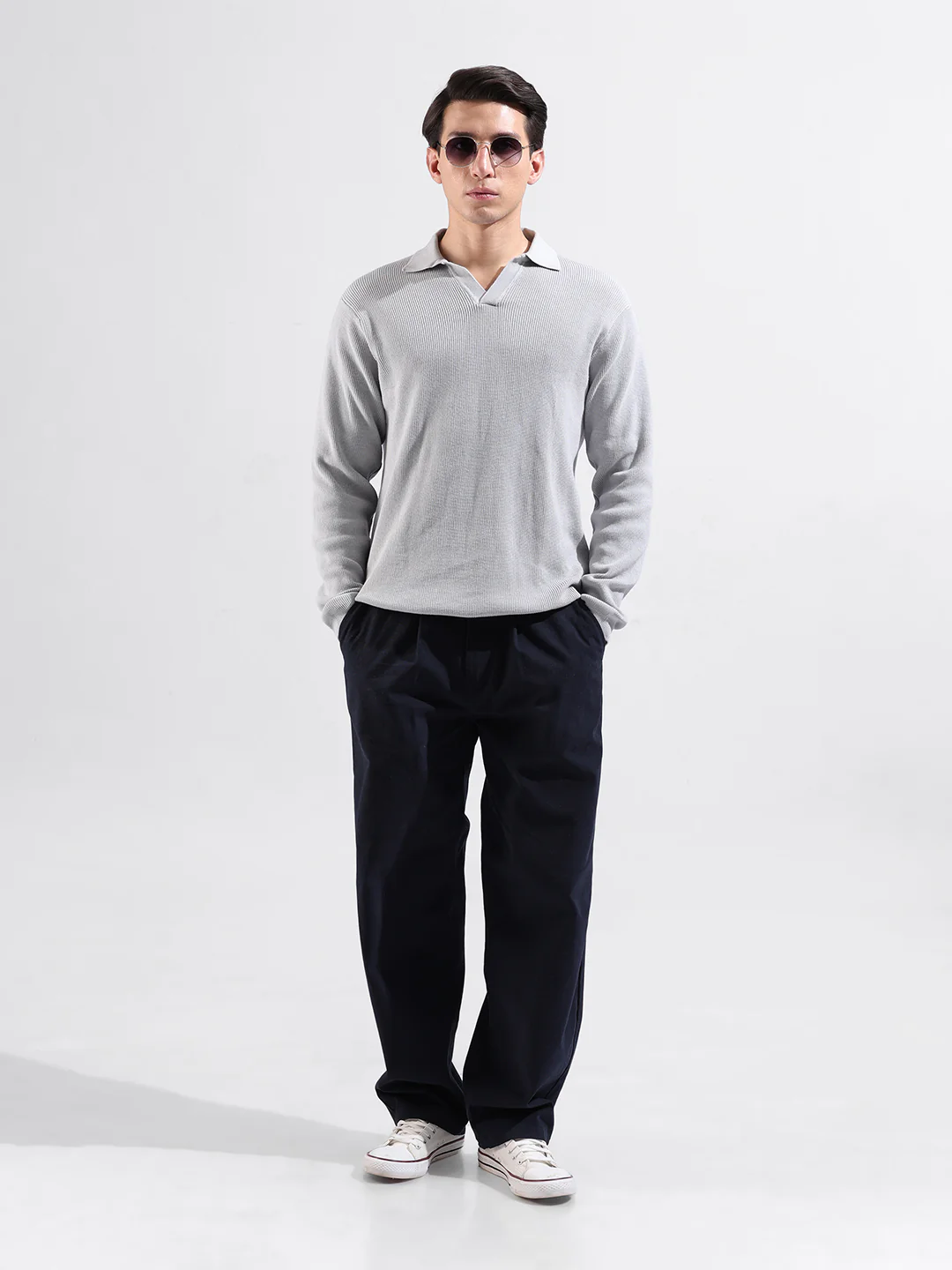 Men's Grey Slim Fit Striped Flat Knit Polo T-Shirt - Image 6