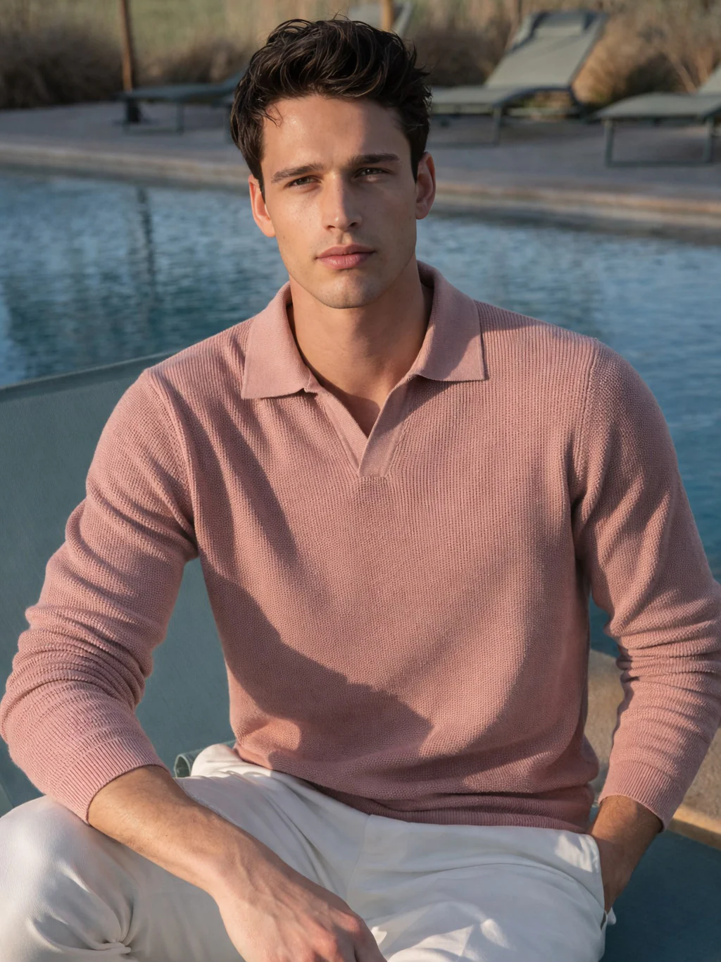 Men's Peach Slim Fit Striped Flat Knit Polo Polo T-Shirt - Image 2