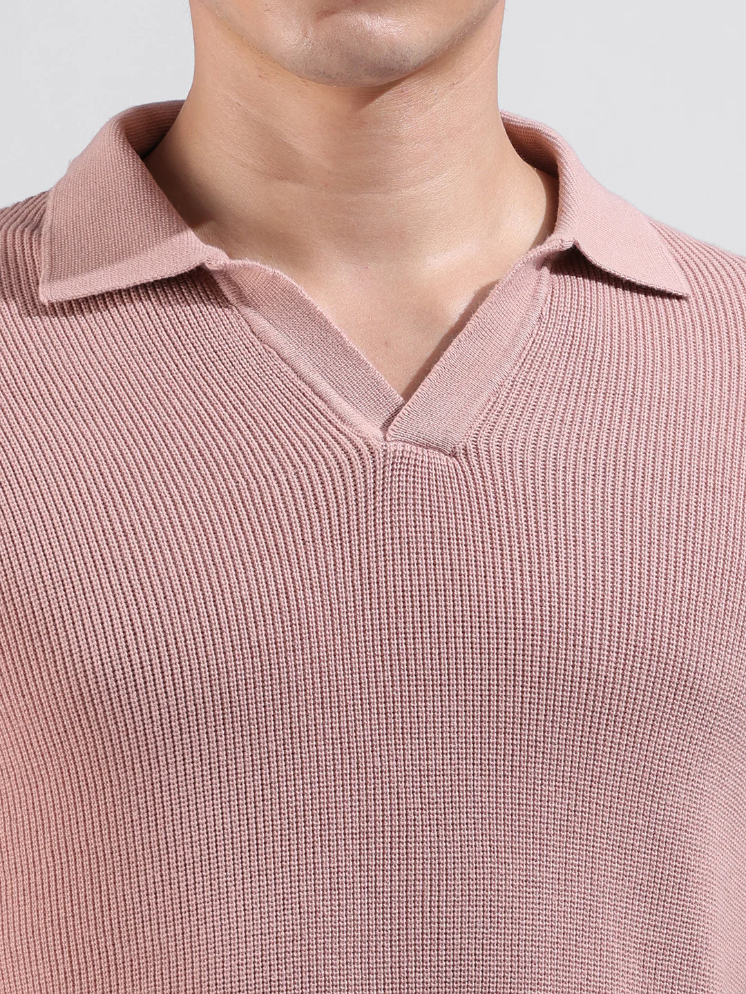 Men's Peach Slim Fit Striped Flat Knit Polo Polo T-Shirt - Image 3