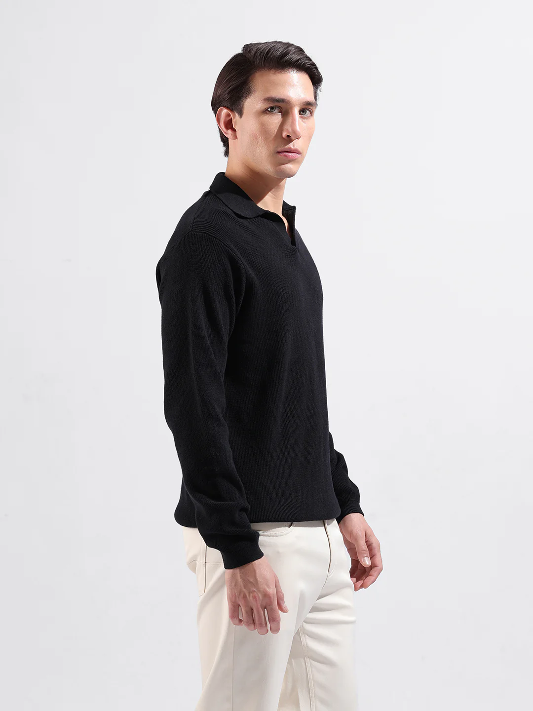 Men's Black Slim Fit Striped Flat Knit Polo Polo T-Shirt - Image 2