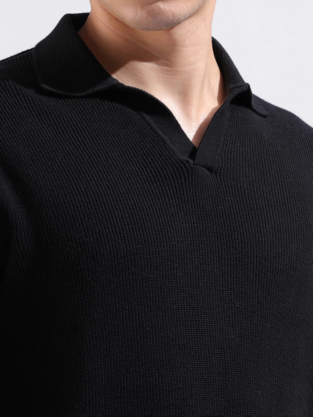 Men's Black Slim Fit Striped Flat Knit Polo Polo T-Shirt - Image 3