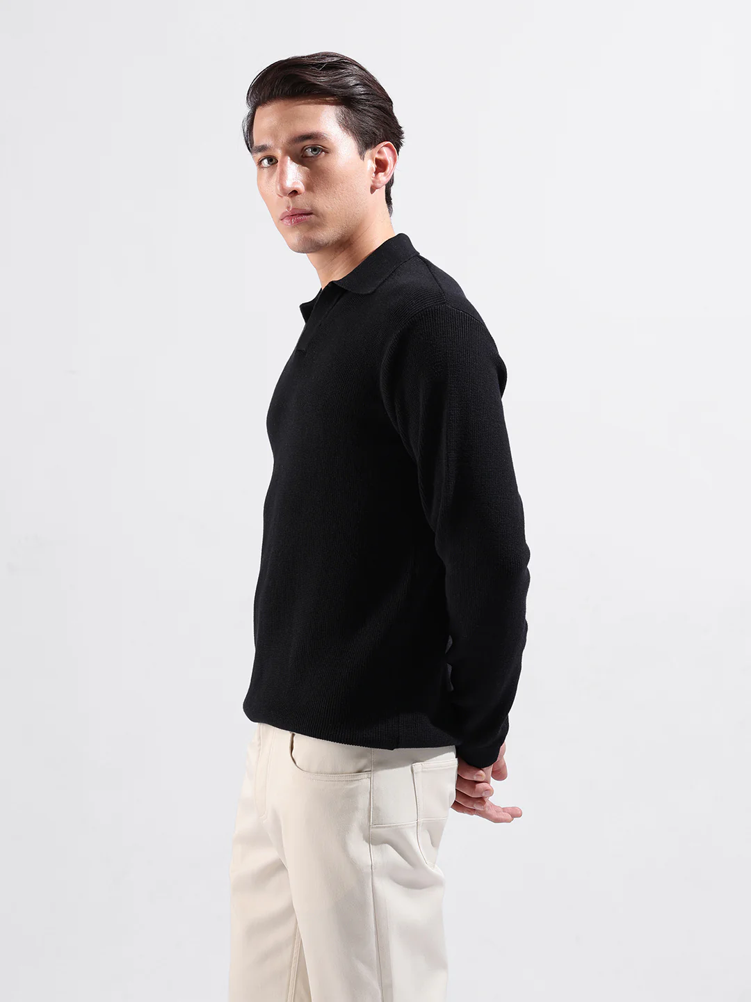 Men's Black Slim Fit Striped Flat Knit Polo Polo T-Shirt - Image 4
