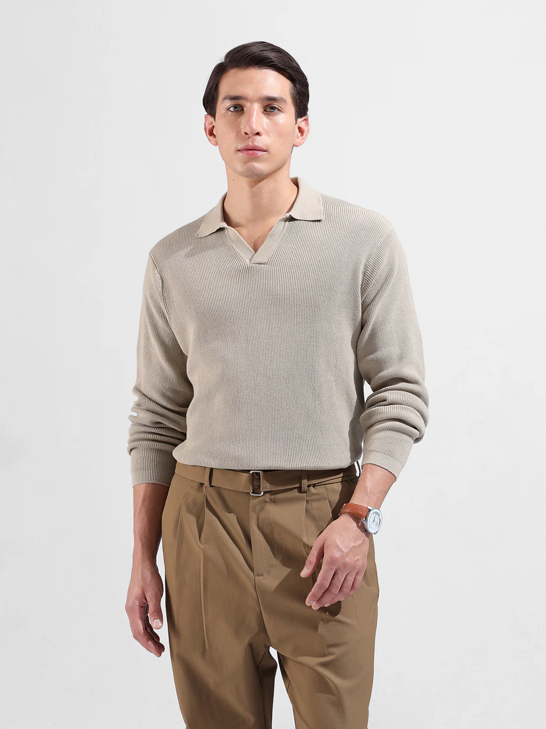 Men's Beige Slim Fit Striped Flat Knit Polo Polo T-Shirt