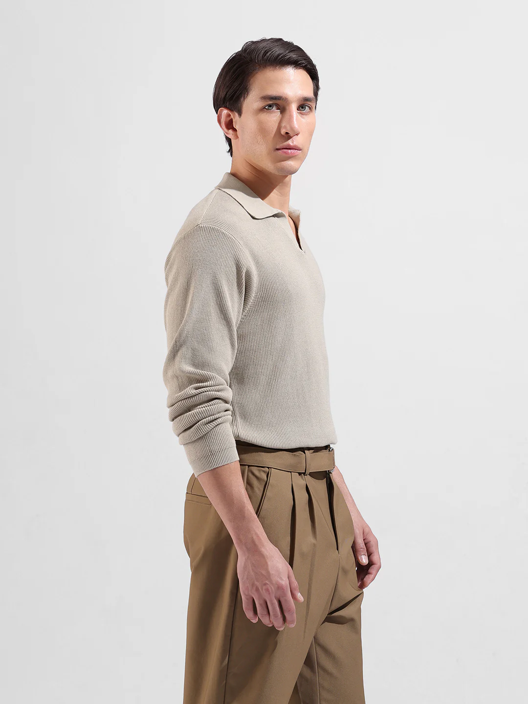 Men's Beige Slim Fit Striped Flat Knit Polo Polo T-Shirt - Image 2