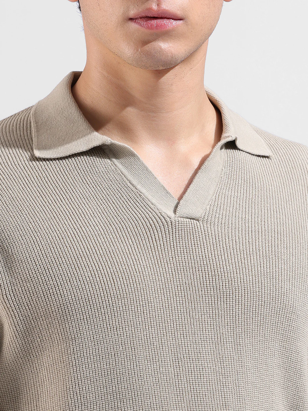 Men's Beige Slim Fit Striped Flat Knit Polo Polo T-Shirt - Image 3