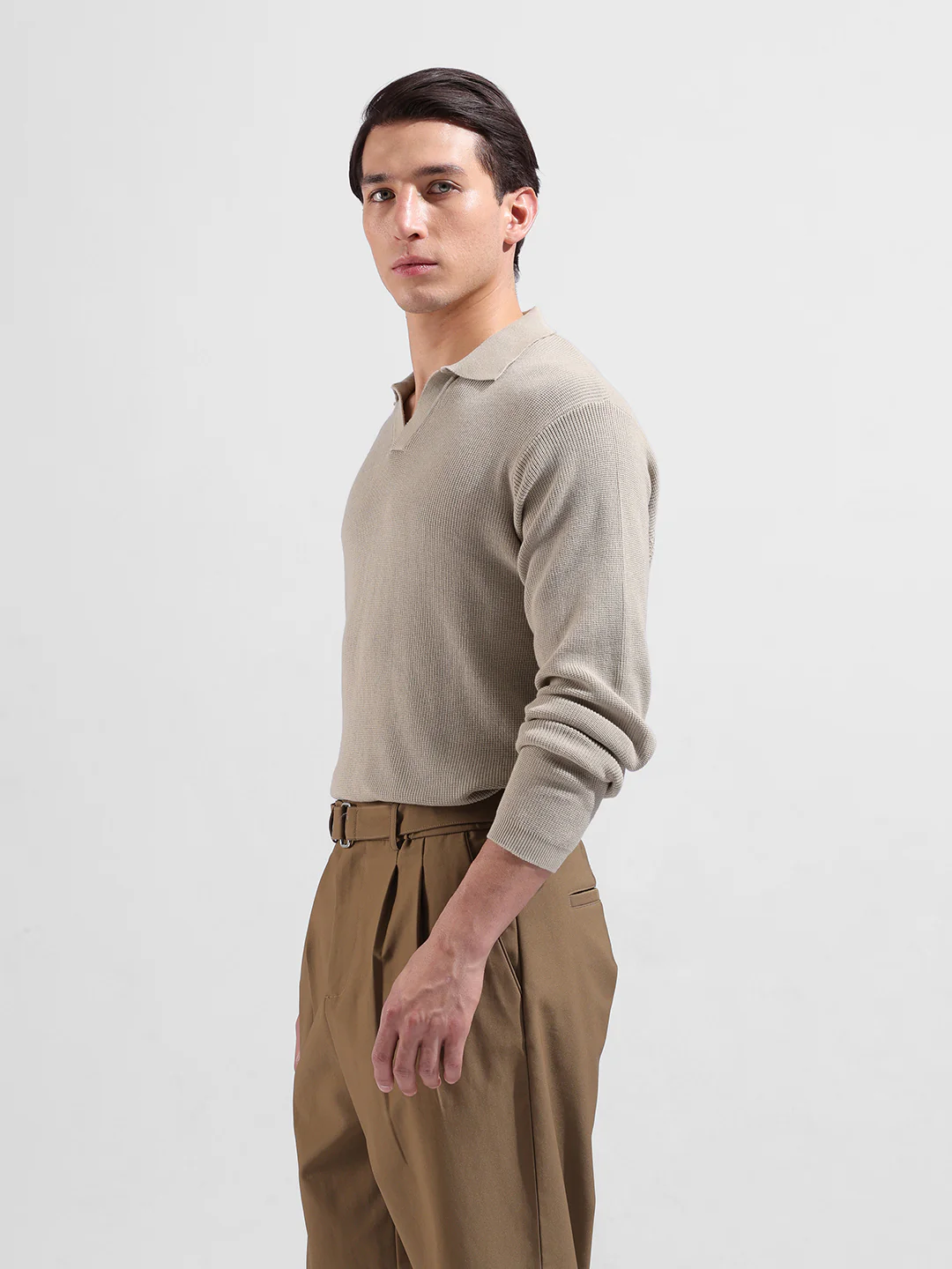 Men's Beige Slim Fit Striped Flat Knit Polo Polo T-Shirt - Image 4