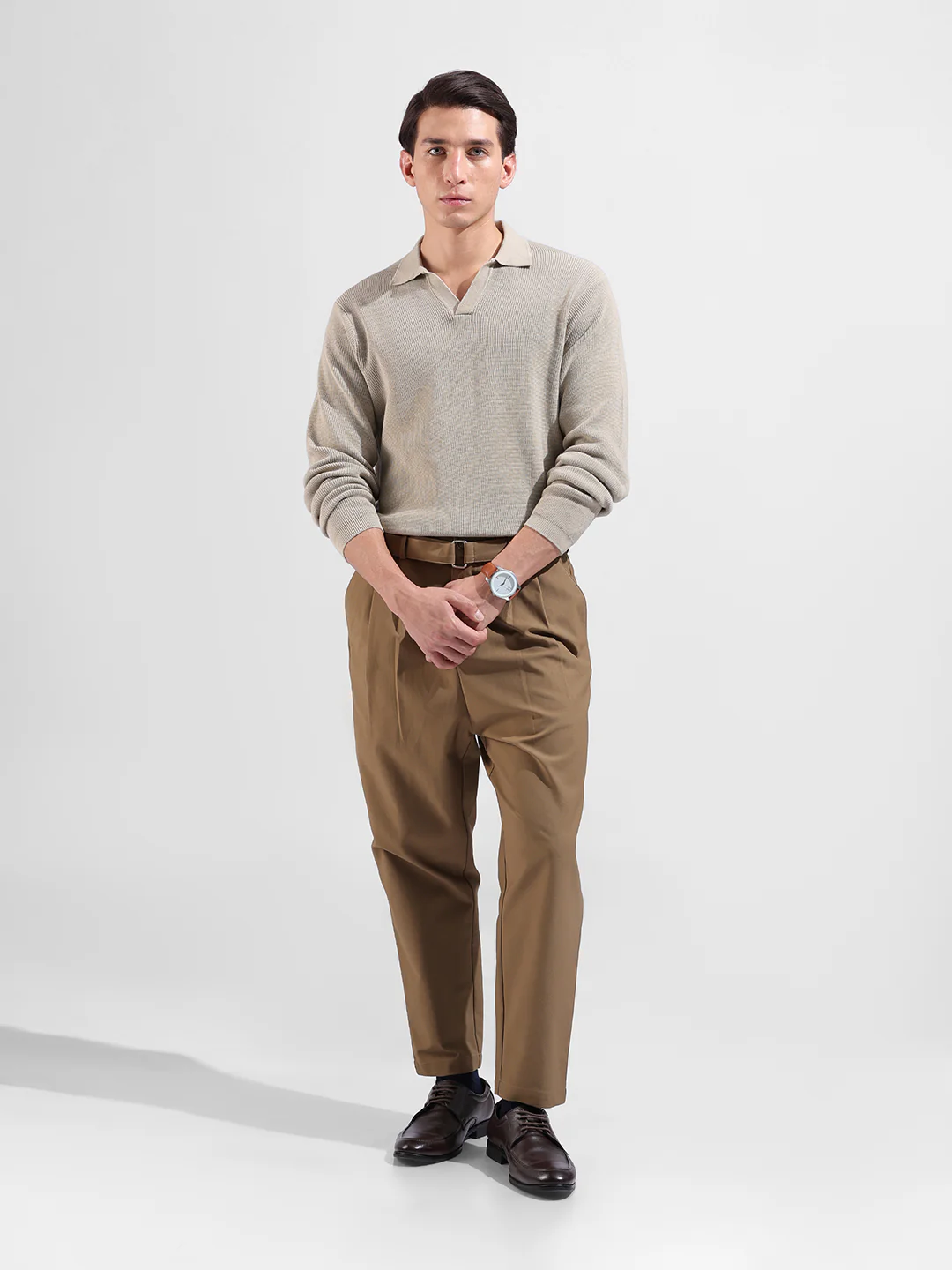 Men's Beige Slim Fit Striped Flat Knit Polo Polo T-Shirt - Image 5