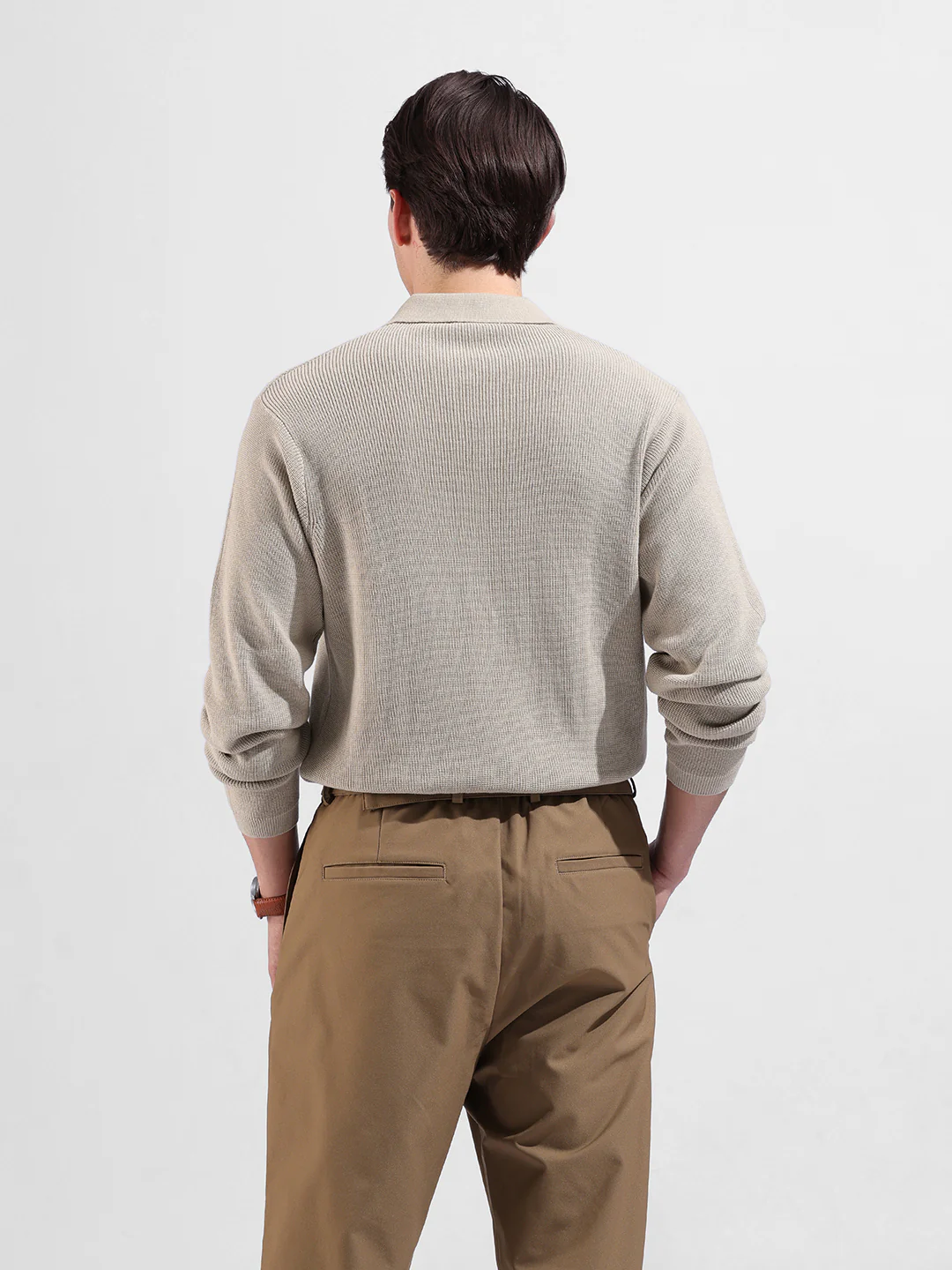 Men's Beige Slim Fit Striped Flat Knit Polo Polo T-Shirt - Image 6