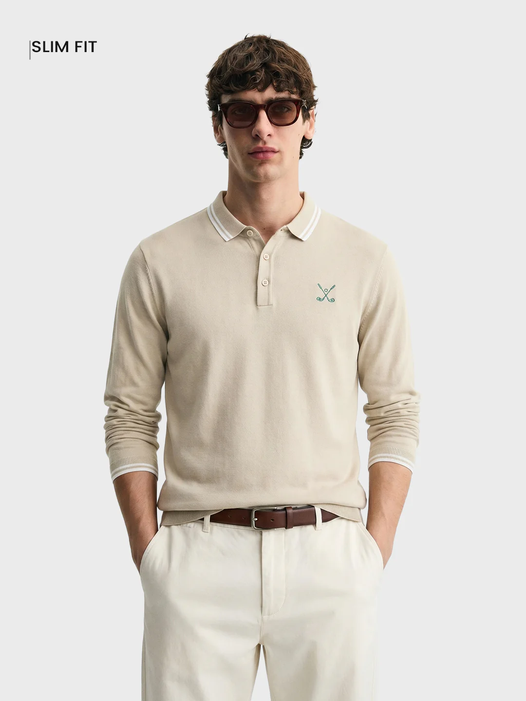 Men's Beige Slim Fit Textured Flat Knit Polo T-Shirt - Image 2