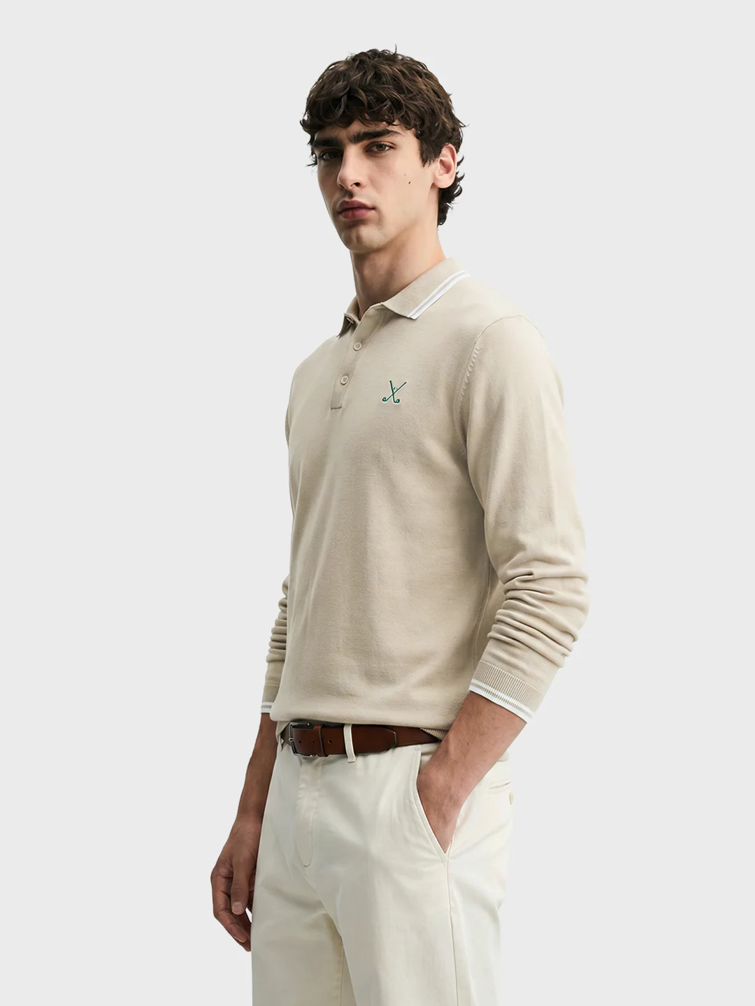 Men's Beige Slim Fit Textured Flat Knit Polo T-Shirt - Image 4